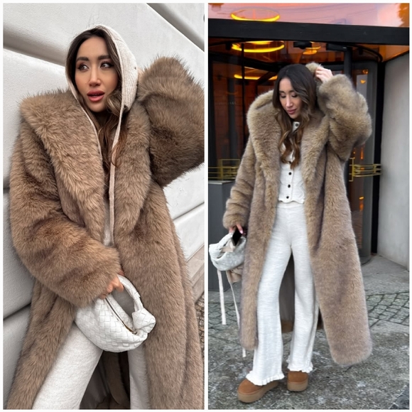 Zara Hooded Faux Fur Coat - Picture 2 of 14